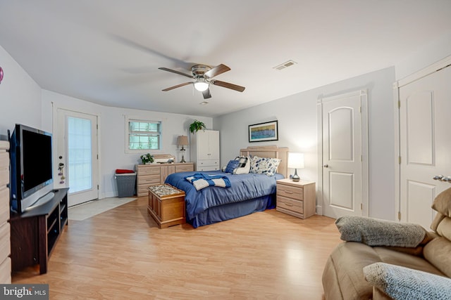 bedroom with light wood-style flooring, visible vents, access to outside, and a ceiling fan