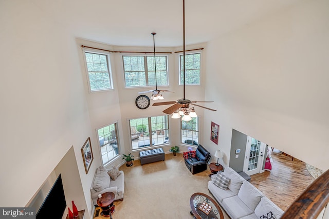 living area featuring ceiling fan, carpet floors, and a high ceiling