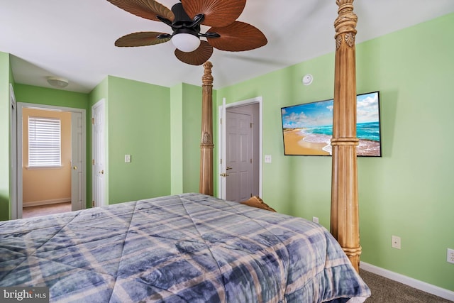 bedroom featuring carpet, baseboards, and ceiling fan