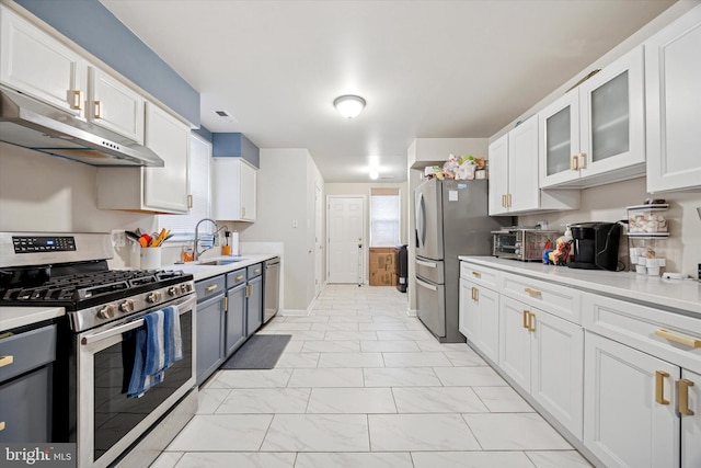 kitchen featuring stainless steel appliances, a sink, white cabinetry, and under cabinet range hood