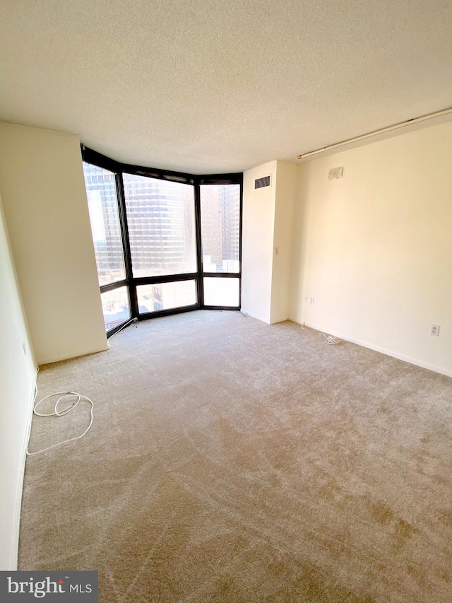 empty room with carpet, visible vents, floor to ceiling windows, and a textured ceiling