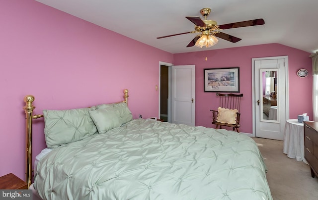 bedroom with light carpet, ceiling fan, and vaulted ceiling