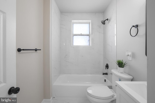 full bathroom featuring marble finish floor, shower / bathing tub combination, vanity, and toilet