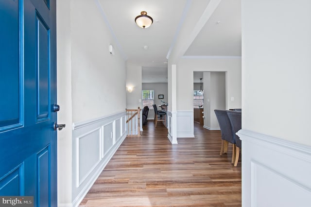 foyer entrance featuring a wainscoted wall, light wood-style floors, a decorative wall, and crown molding