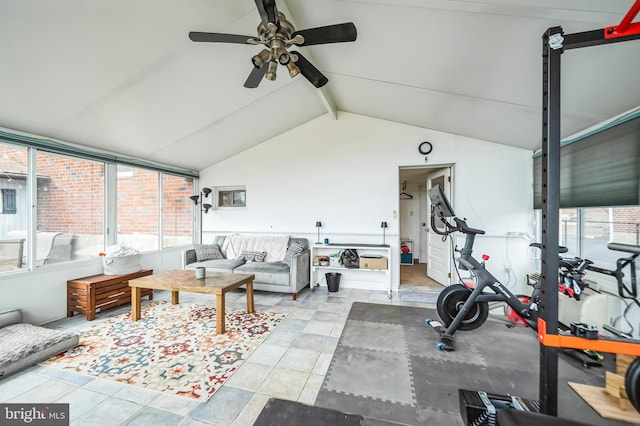 exercise area with vaulted ceiling and ceiling fan