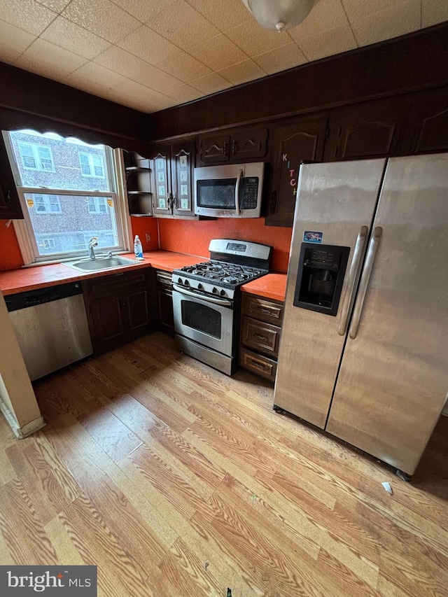 kitchen featuring light wood finished floors, stainless steel appliances, a paneled ceiling, a sink, and dark brown cabinets