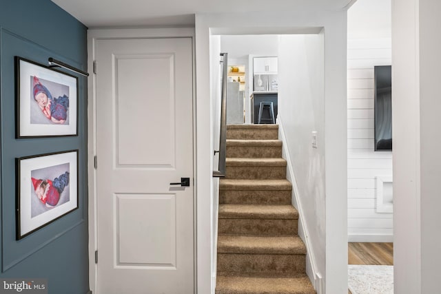 stairway featuring wood finished floors