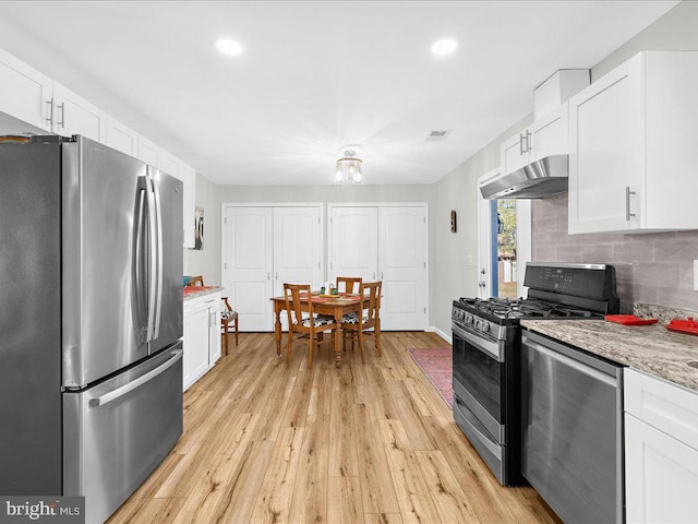 kitchen featuring backsplash, appliances with stainless steel finishes, light wood-style floors, white cabinets, and under cabinet range hood