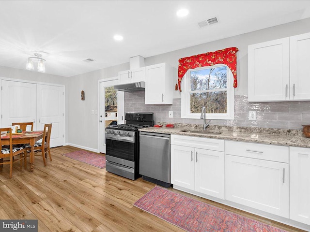 kitchen with visible vents, white cabinets, stainless steel appliances, under cabinet range hood, and a sink