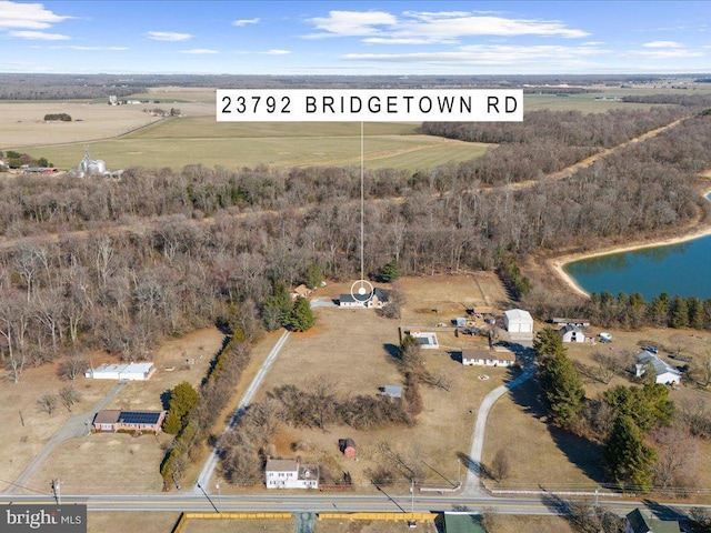 bird's eye view with a water view and a rural view