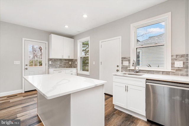 kitchen featuring a sink, white cabinets, dark wood-type flooring, and dishwasher