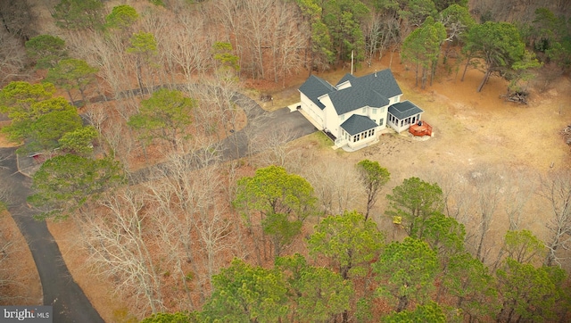 aerial view featuring a wooded view