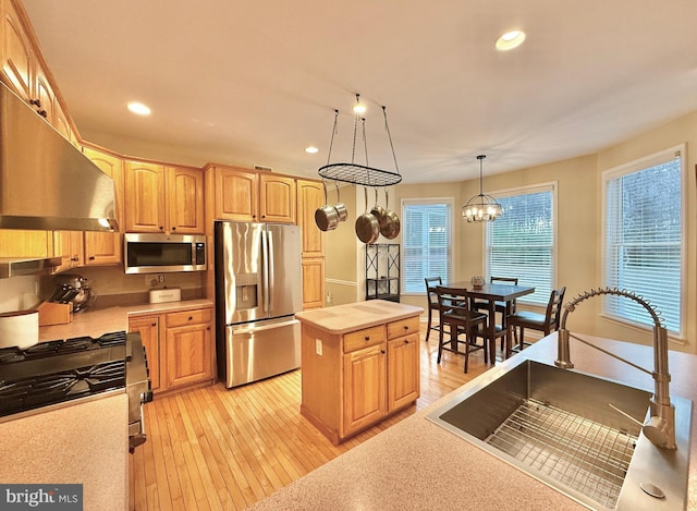 kitchen featuring stainless steel appliances, light countertops, light wood-type flooring, under cabinet range hood, and a sink