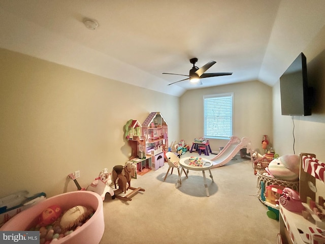 game room featuring carpet floors, lofted ceiling, and ceiling fan