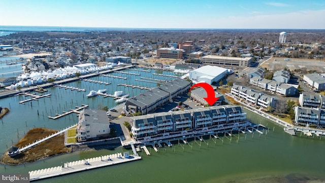 bird's eye view with a water view