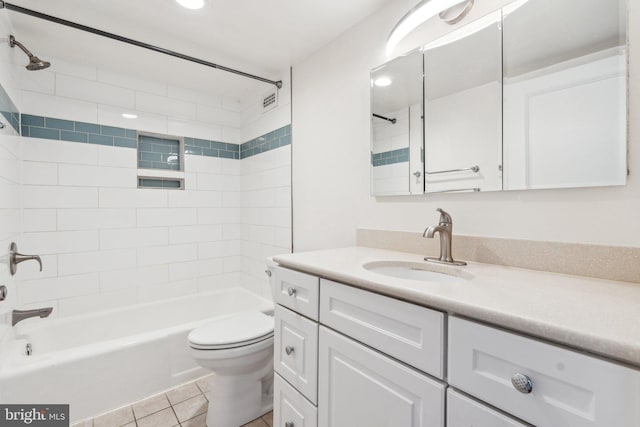 full bathroom with tile patterned flooring, vanity, toilet, and washtub / shower combination