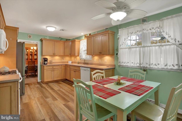 kitchen featuring stainless steel appliances, a sink, light wood-style floors, light countertops, and backsplash