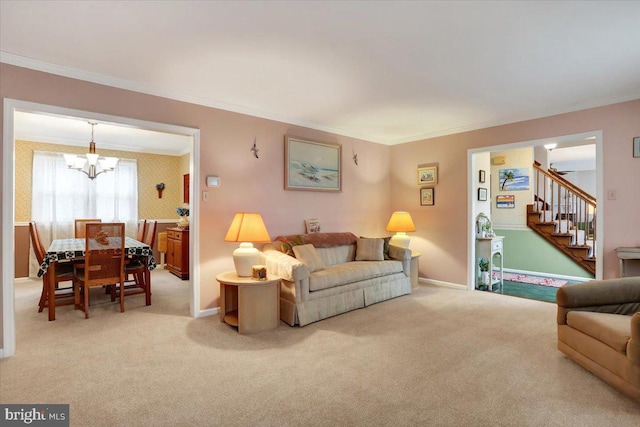 living area featuring crown molding and light colored carpet