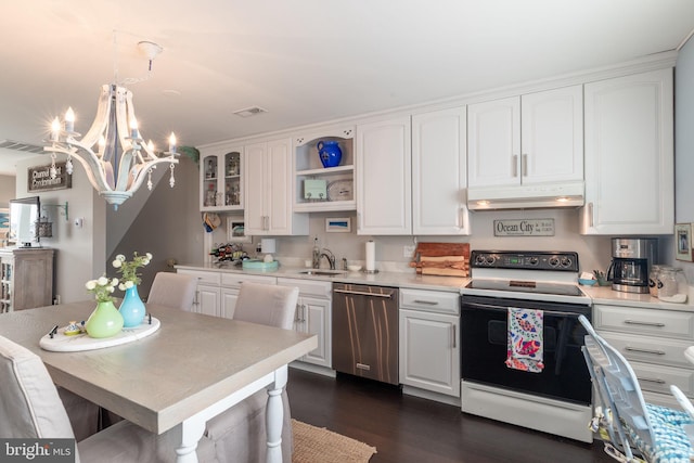 kitchen with range with electric stovetop, white cabinetry, a sink, dishwasher, and under cabinet range hood