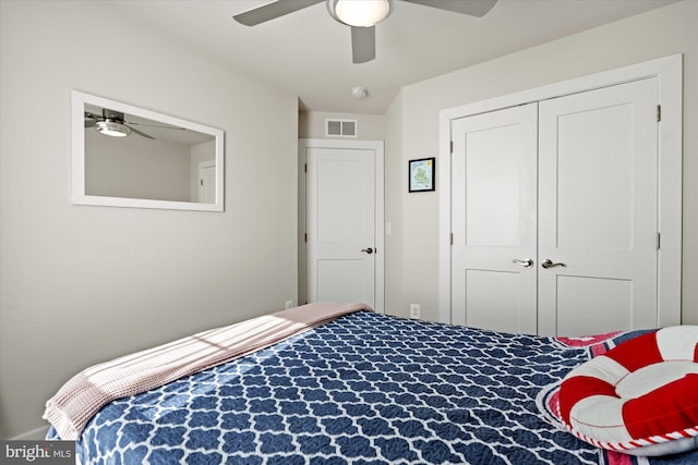 bedroom with a closet, visible vents, and ceiling fan