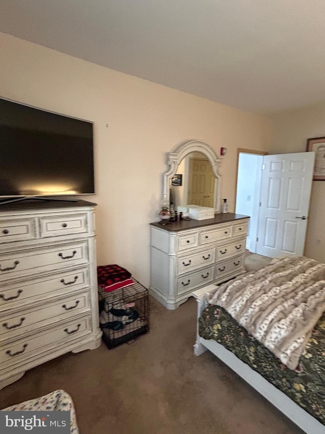 bedroom featuring dark carpet