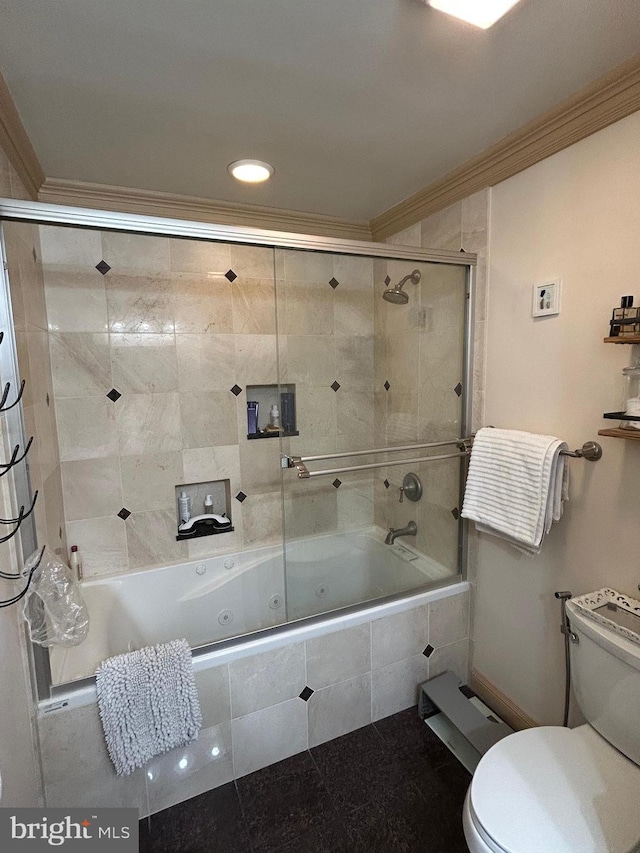 full bathroom with tiled shower / bath, ornamental molding, toilet, and recessed lighting