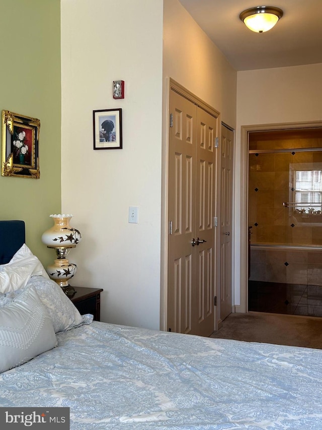 bedroom featuring connected bathroom and two closets