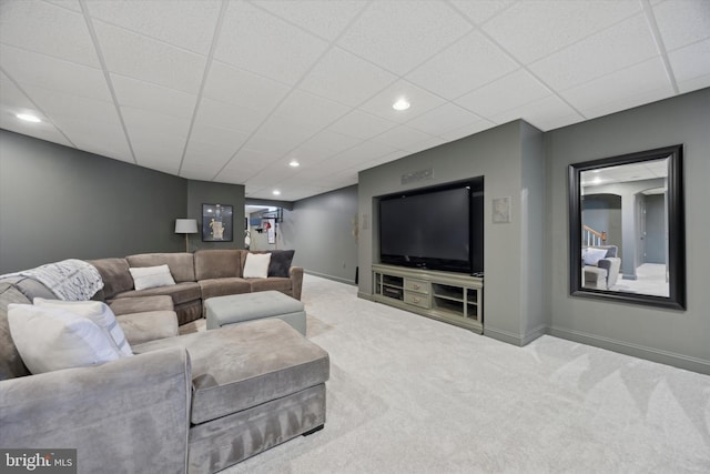 living area with carpet floors, recessed lighting, a paneled ceiling, and baseboards