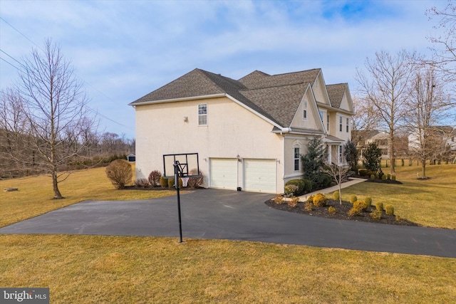 view of side of property featuring aphalt driveway, stucco siding, a shingled roof, a lawn, and a garage