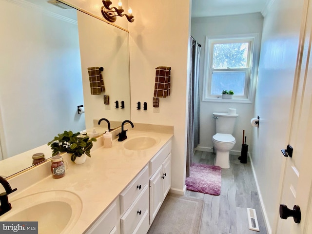 bathroom featuring toilet, crown molding, visible vents, and a sink