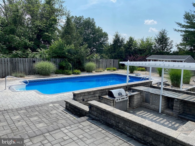 view of pool featuring a fenced backyard, a grill, area for grilling, and a pergola