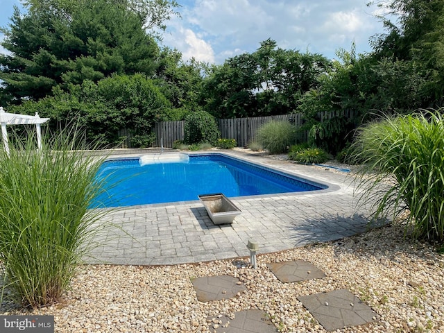 view of pool with a fenced backyard, a fenced in pool, and a patio