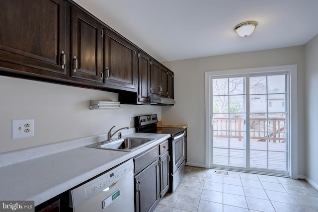 kitchen with a sink, dark brown cabinetry, stainless steel range with electric stovetop, under cabinet range hood, and dishwasher