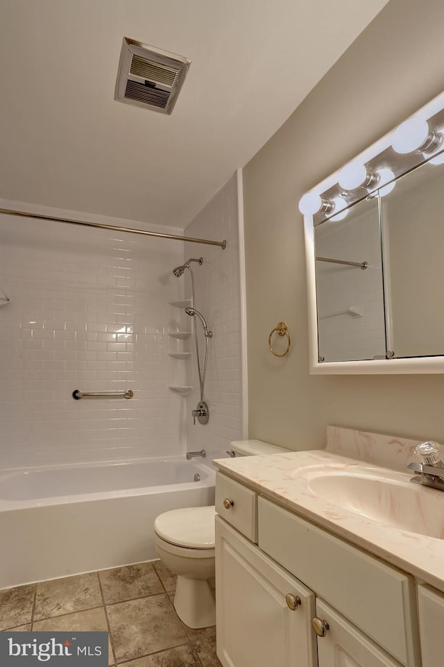 bathroom featuring vanity, bathing tub / shower combination, toilet, and visible vents