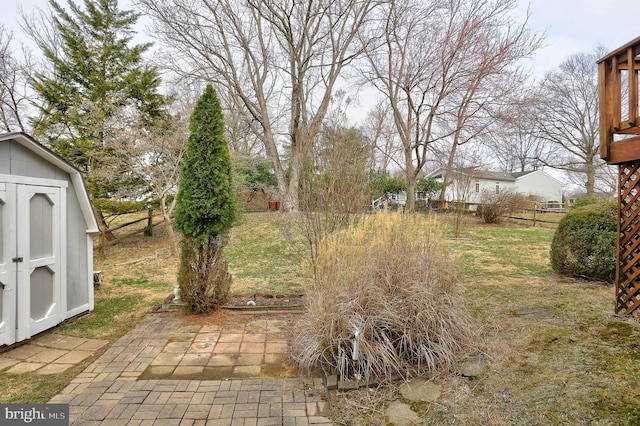 view of yard featuring a storage unit, an outdoor structure, and a patio area