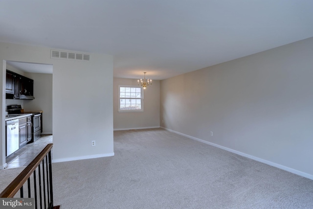 interior space featuring visible vents, light carpet, a notable chandelier, and baseboards