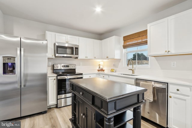 kitchen featuring appliances with stainless steel finishes, white cabinets, a sink, and dark cabinetry