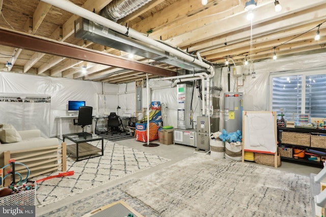 unfinished basement featuring electric water heater and electric panel