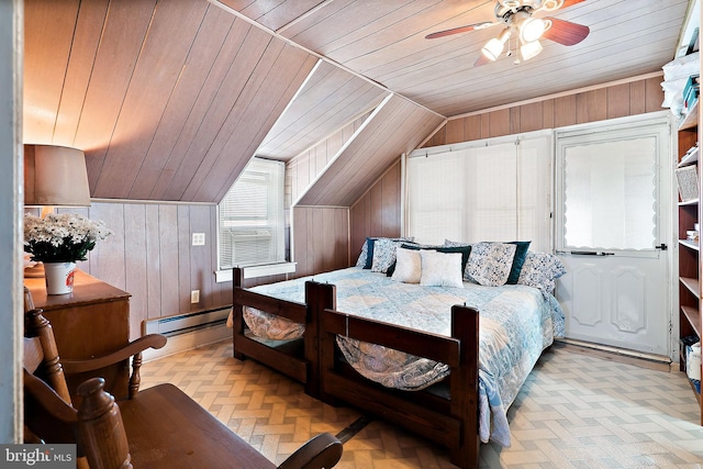 bedroom featuring a baseboard heating unit, vaulted ceiling, wooden walls, and wood ceiling