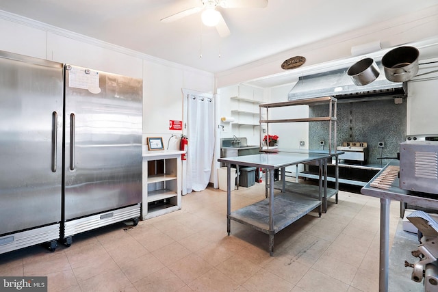 kitchen featuring crown molding, stainless steel refrigerator, white cabinets, a ceiling fan, and open shelves