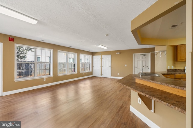 kitchen featuring baseboards, a sink, light wood-style flooring, and a healthy amount of sunlight