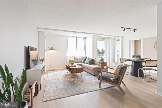 living room with rail lighting, a textured ceiling, and wood finished floors