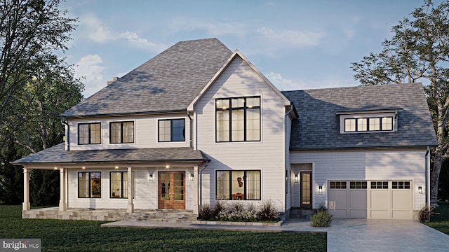 view of front facade featuring driveway, a garage, a front lawn, and roof with shingles