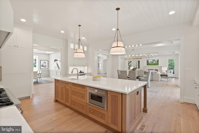 kitchen featuring a wealth of natural light, an island with sink, a sink, and light wood-style flooring