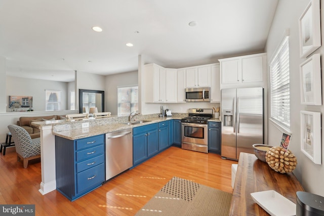 kitchen with blue cabinetry, appliances with stainless steel finishes, white cabinetry, a sink, and a peninsula