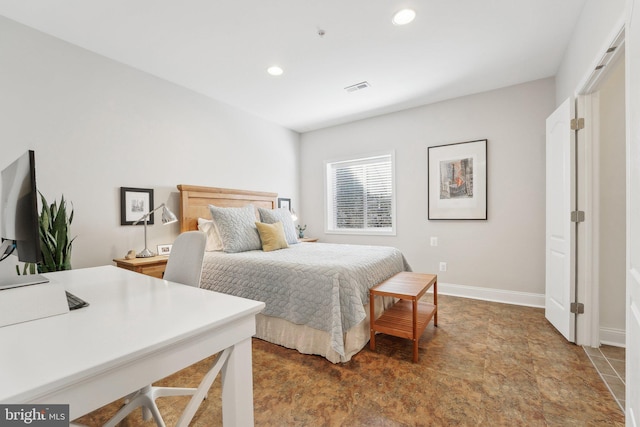 bedroom with recessed lighting, visible vents, and baseboards