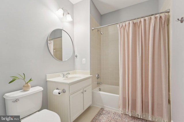 full bathroom with toilet, tile patterned flooring, shower / bath combination with curtain, and vanity