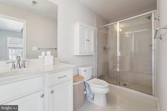 full bath with toilet, a stall shower, vanity, and visible vents