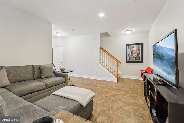 living area with stairs, recessed lighting, and baseboards