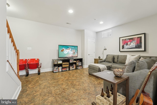 living room featuring stairway, recessed lighting, visible vents, and baseboards